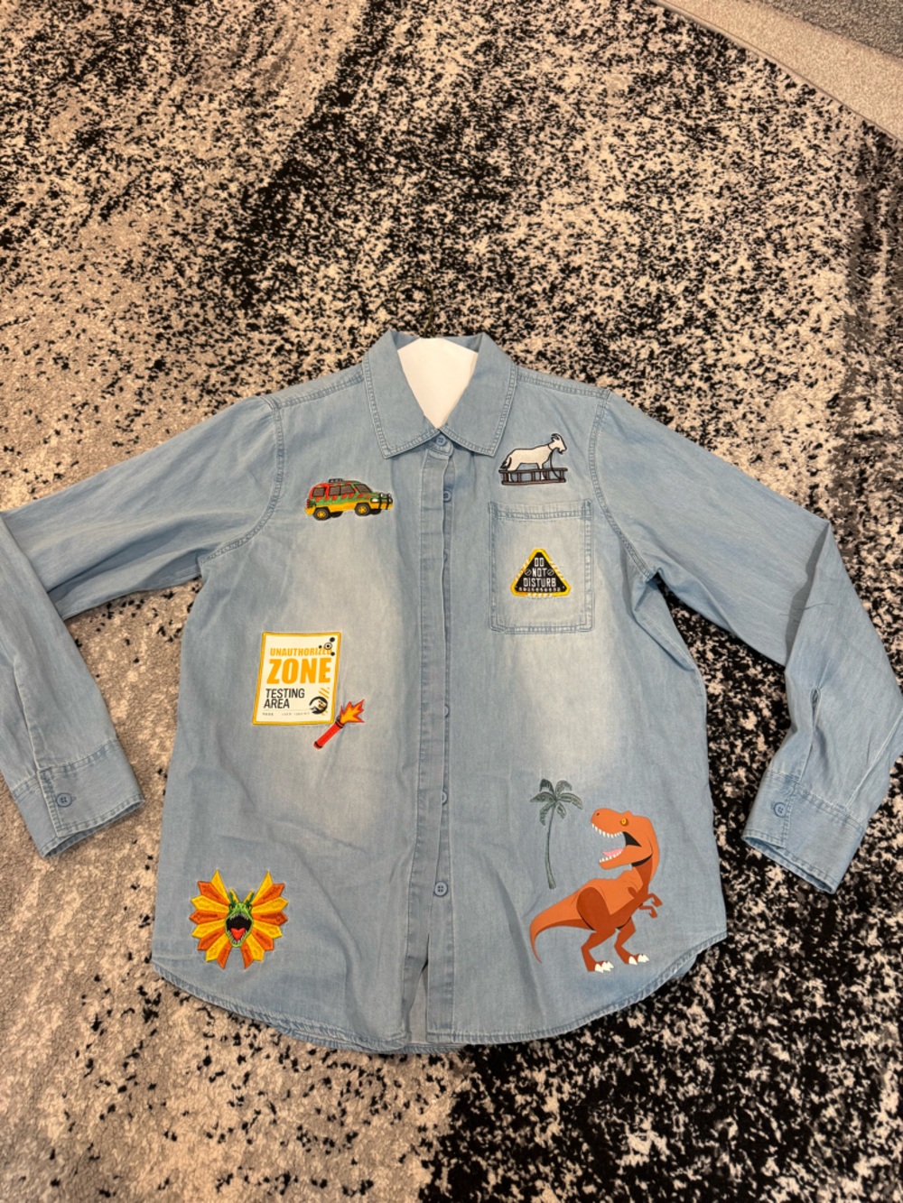 Jurassic Park Light Wash Button-Up Shirt with Colorful Patches